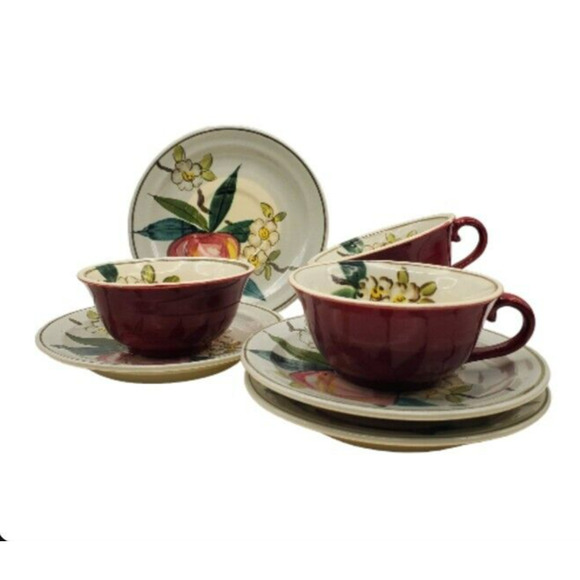 4 Red Wing Pottery Apple Blossom Flat Cup Saucer Set Normandy Vtg 50s Maroon Red - Picture 4 of 7